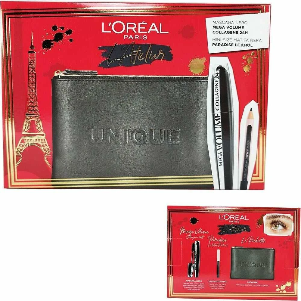 Set L'Oreal Paris: L'Oreal Paris Kajal Eye Pieštukas Juodas 1.5 g + Mega Volume Collagene 24h Atsparus vandeniui Blakstienų tušas Mega Juodas, 9 ml + Textile Makeup Bag Juodas