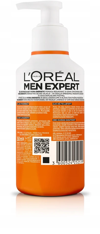 L'Oreal „Men Expert Hydra Energetic“ energizuojantis valomasis gelis odai su nuovargio požymiais 260 ml