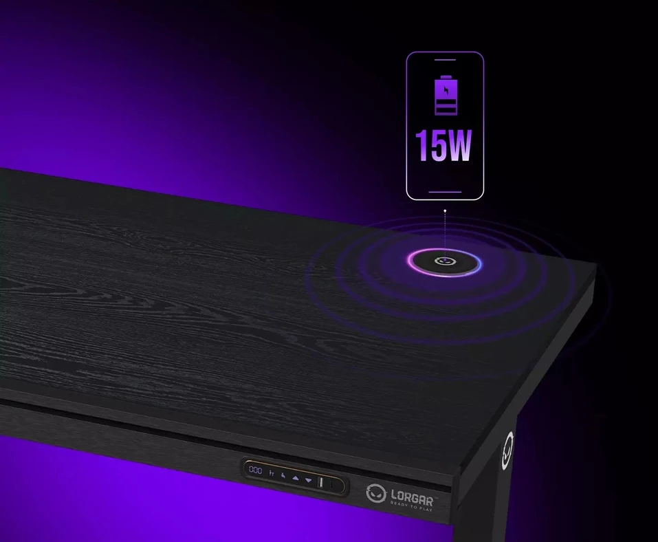 Lorgar Dviejų variklių reguliuojamo aukščio žaidimų stalas su sėdima/stovima funkcija, belaidžiu įkrovikliu, RGB apšvietimu, valdymo pultu ir USB jungtimis, PB melamino stalviršis, juodas.