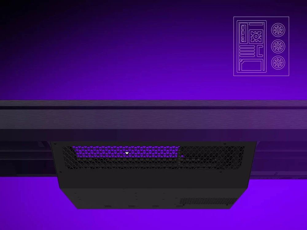 Lorgar Dviejų variklių reguliuojamo aukščio žaidimų stalas su sėdima/stovima funkcija, įmontuotu kompiuterio korpusu, belaidžiu įkrovikliu, RGB apšvietimu, valdymo pultu ir USB jungtimis, grūdinto stiklo stalviršiu, juodu.