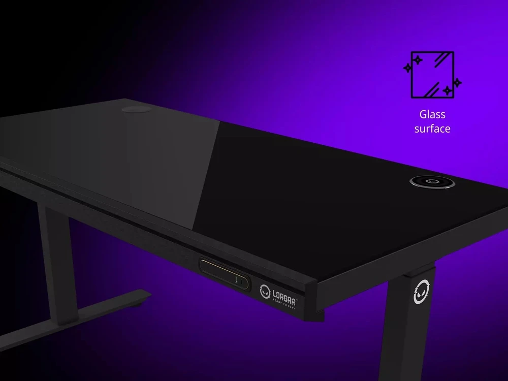 Lorgar Dviejų variklių reguliuojamo aukščio žaidimų stalas su sėdima/stovima funkcija, belaidžiu įkrovikliu, RGB apšvietimu, valdymo pultu ir USB jungtimis, tvirtu grūdinto stiklo stalviršiu, juodas.