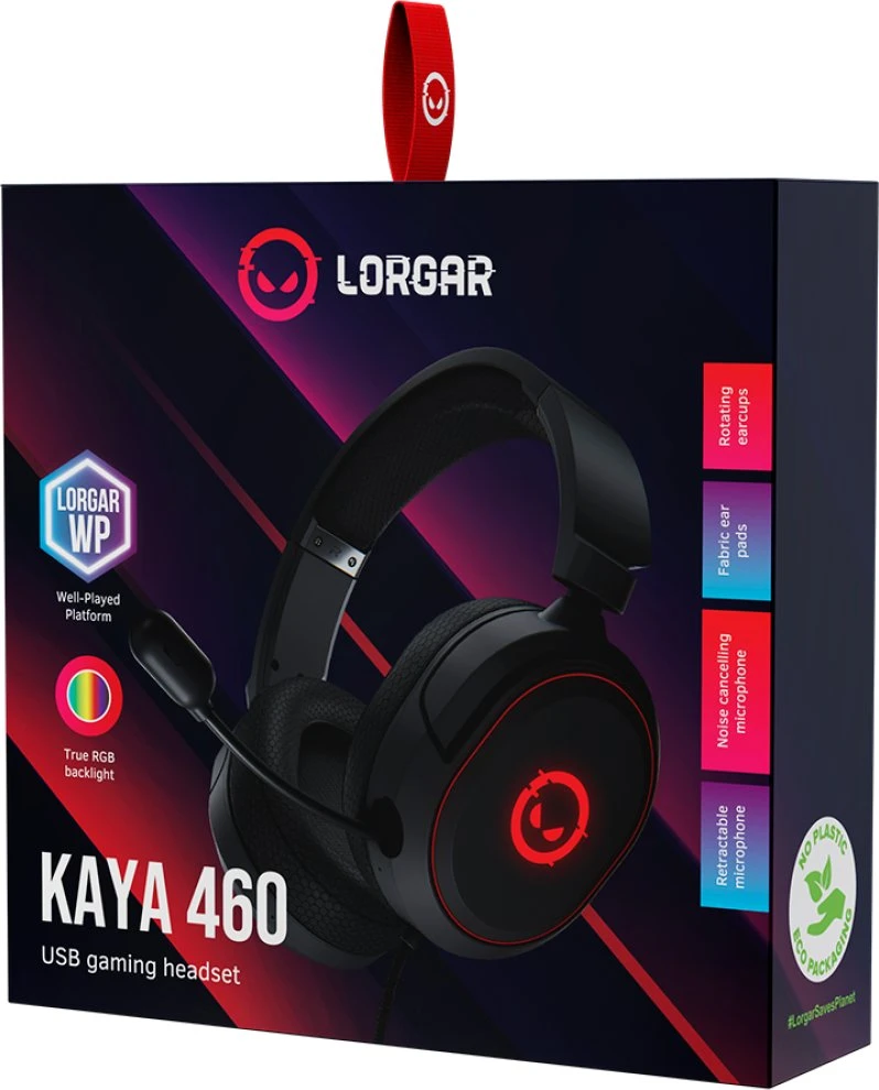 LORGAR Kaya 460, USB Žaidimų ausinės su mikrofonu, CM108B, RGB apšvietimas, Plug&Play, USB-A jungties laidas 2m, medžiaginiai ausų pagalvėlės, dydis: 192*184.7*88mm, 0.329kg, juodas