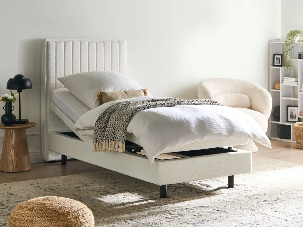 Beliani Reguliuojama lova Boucle CASTELLAN 90 x 200 cm, balta