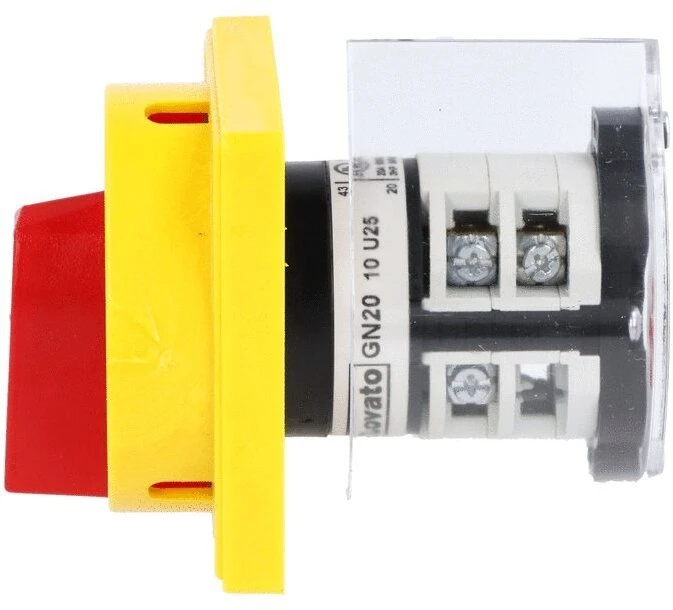Lovato Electric Krumplinis jungiklis 0-1 3P 20A geltona/raudona rankenėlė, blokuojama spyna, montuojamas skydelyje (7GN2010U25)