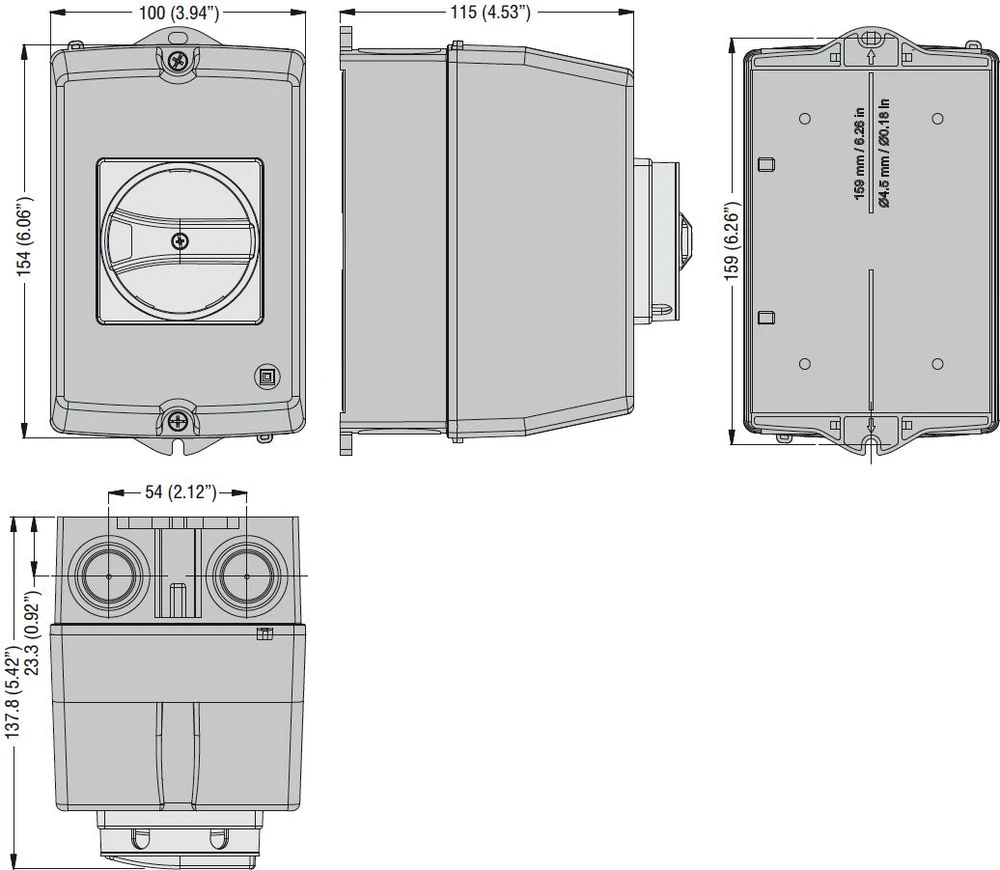 Lovato Electric IP65 paviršinio montavimo korpusas, skirtas SM1R 100 mm pločio, įskaitant geltoną/raudoną rankenėlę (SM1Z1715R)