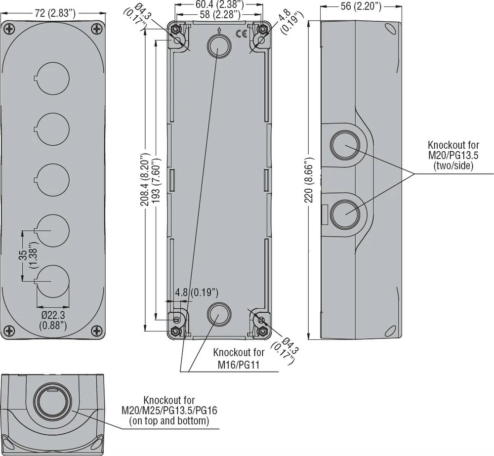 Lovato Electric Lovato elektrinės kasetės korpusas, 5 skylių 22 mm baltas IP67 (LPZP5A8)