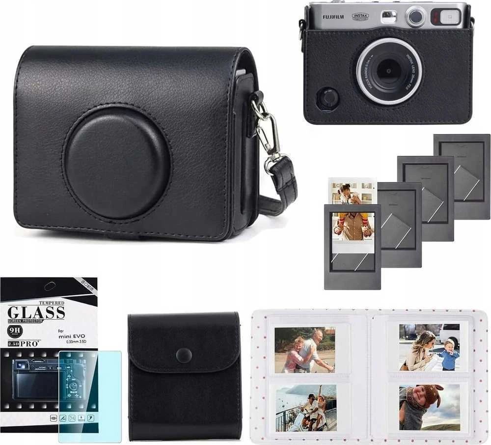 „LoveInstant“ dėklas 5 viename: dėklas + stiklas + 64 nuotraukų albumas + nuotraukų dėklas + rėmeliai, skirti „Fuji Instax Mini Evo“ / juodas