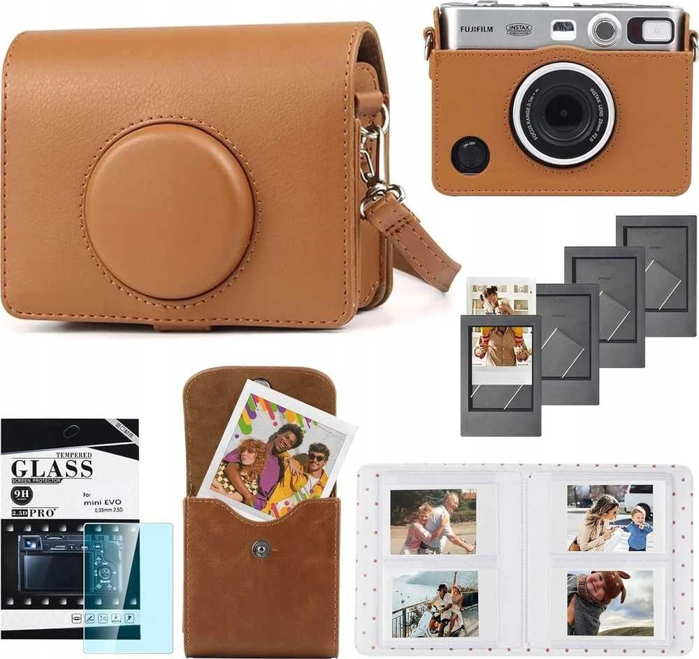 „LoveInstant“ dėklas 5 viename: dėklas + stiklas + 64 nuotraukų albumas + nuotraukų dėklas + rėmeliai, skirti „Fuji Instax Mini Evo“ / rudas