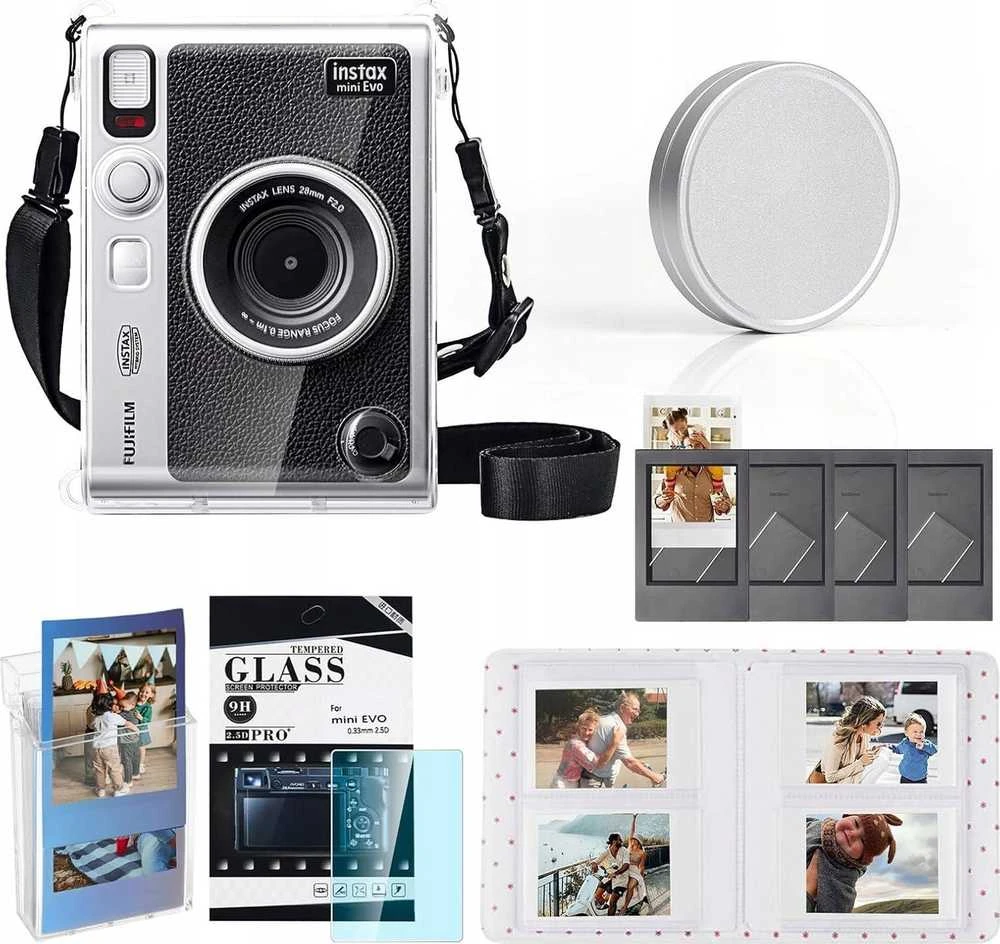 „LoveInstant“ dėklas 6 viename: dėklas + stiklas + 64 nuotraukų albumas + dangtelis + „Fuji Instax Mini Evo“ rėmeliai – skaidrus
