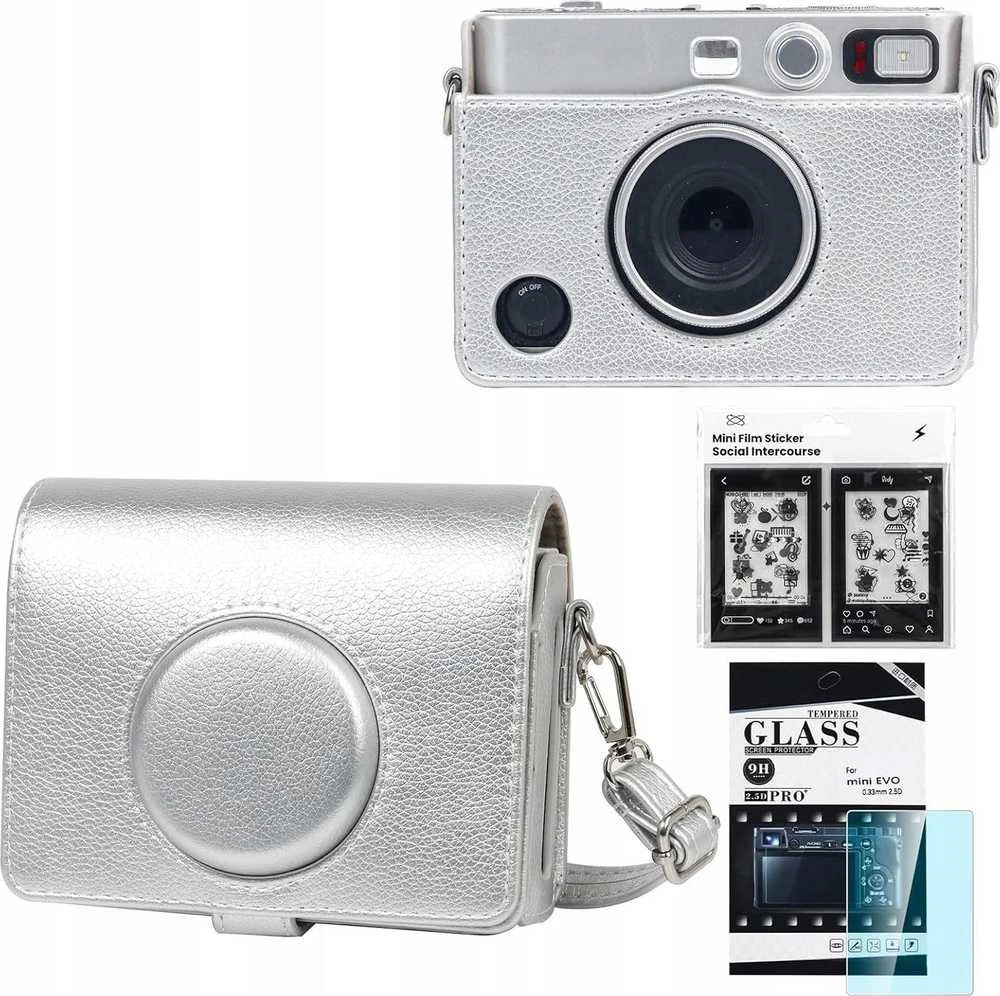Dėklas LoveInstant Sidabrinė Dėklas Dėklas Futerał + Szkło 9h + 10x Naklejki Do Fujifilm Instax Mini Evo