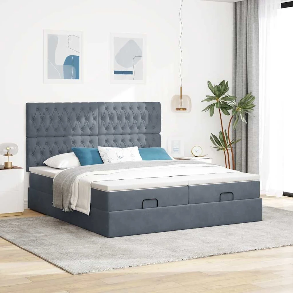 Osmanų lovos rėmas su čiužiniais, pilkas, 200x200cm, aksomas