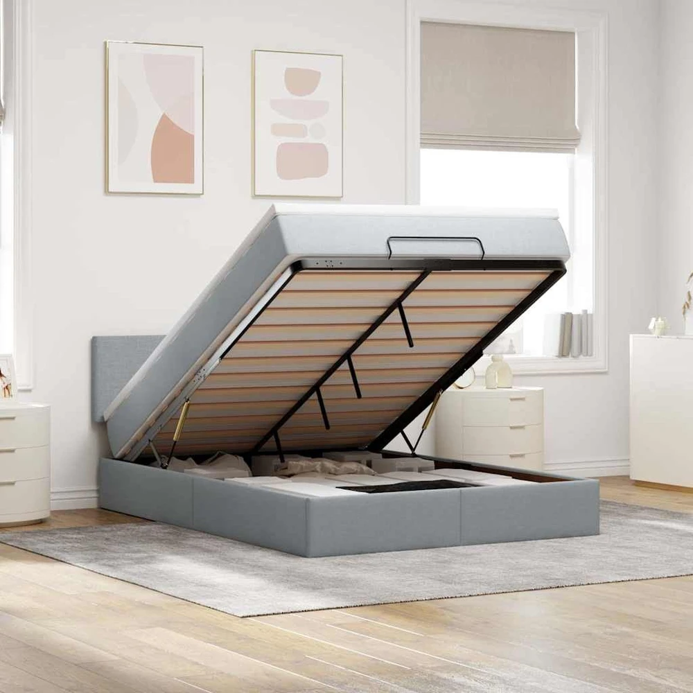 Osmanų lovos rėmas su čiužiniu, pilkas, 140x200cm, audinys