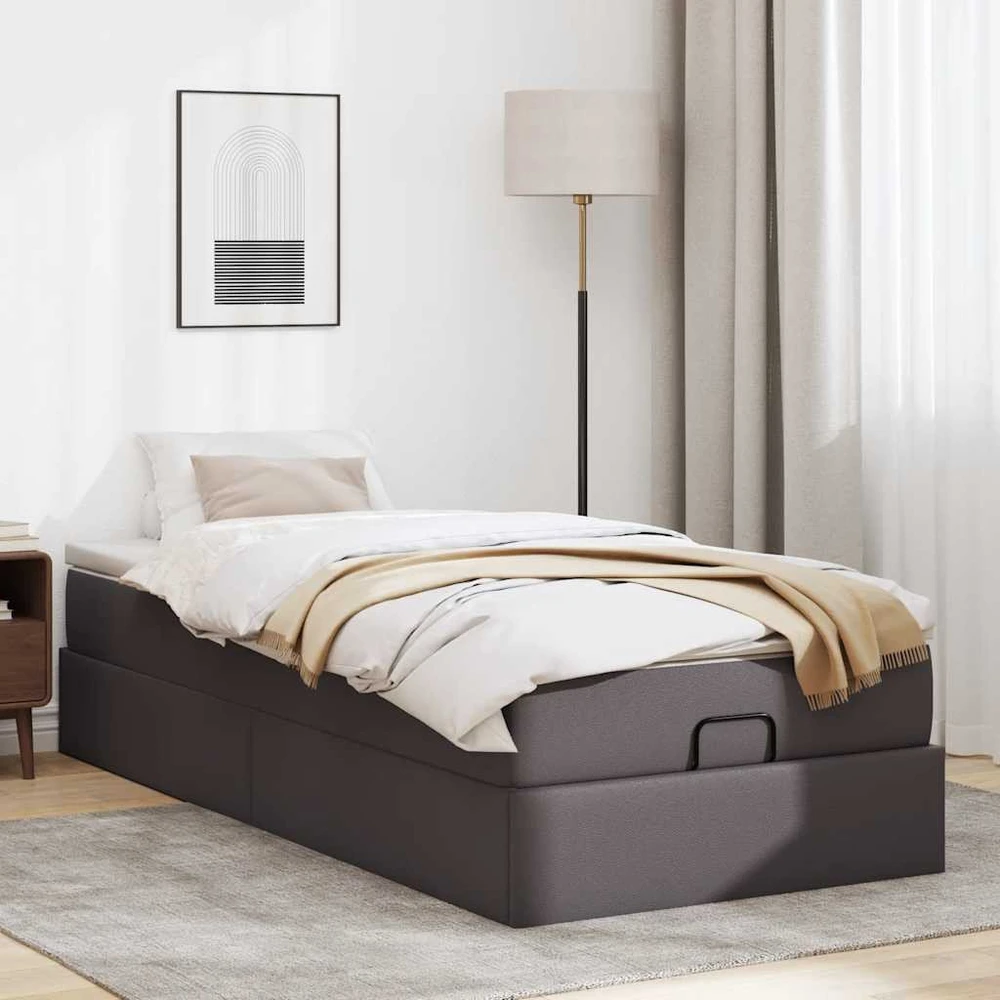 Osmanų lovos rėmas su čiužiniu, pilkas, 100x200cm, dirbtinė oda