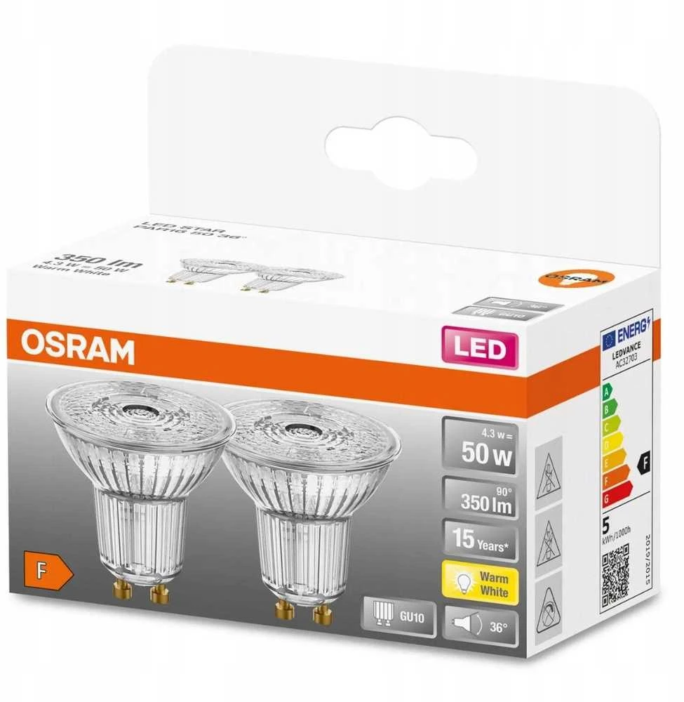 LED lempa Osram, PAR16, 36°, 4.3W, GU10, 827, 350lm x 2 vnt