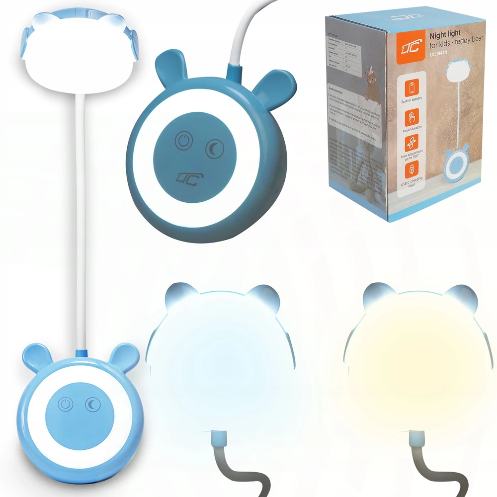 LED meškiuko formos stalinė lempa 3W, 3000/4500/6000K, reguliuojama, 1200mAh, mėlyna, LTC