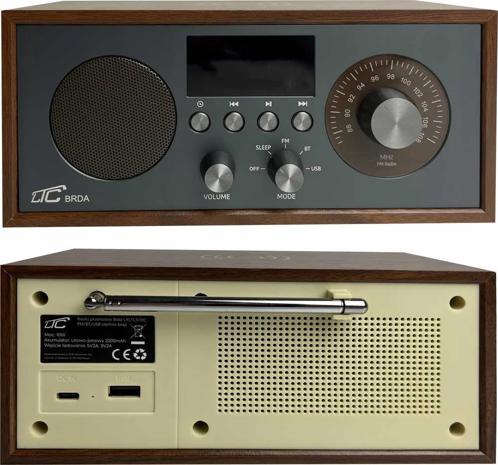 LTC Retro nešiojamas radijas BRDA FM/BT/USB, akum. 2200mAh, 10W, indukcinis telefono įkrovimas, ruda/grafitas