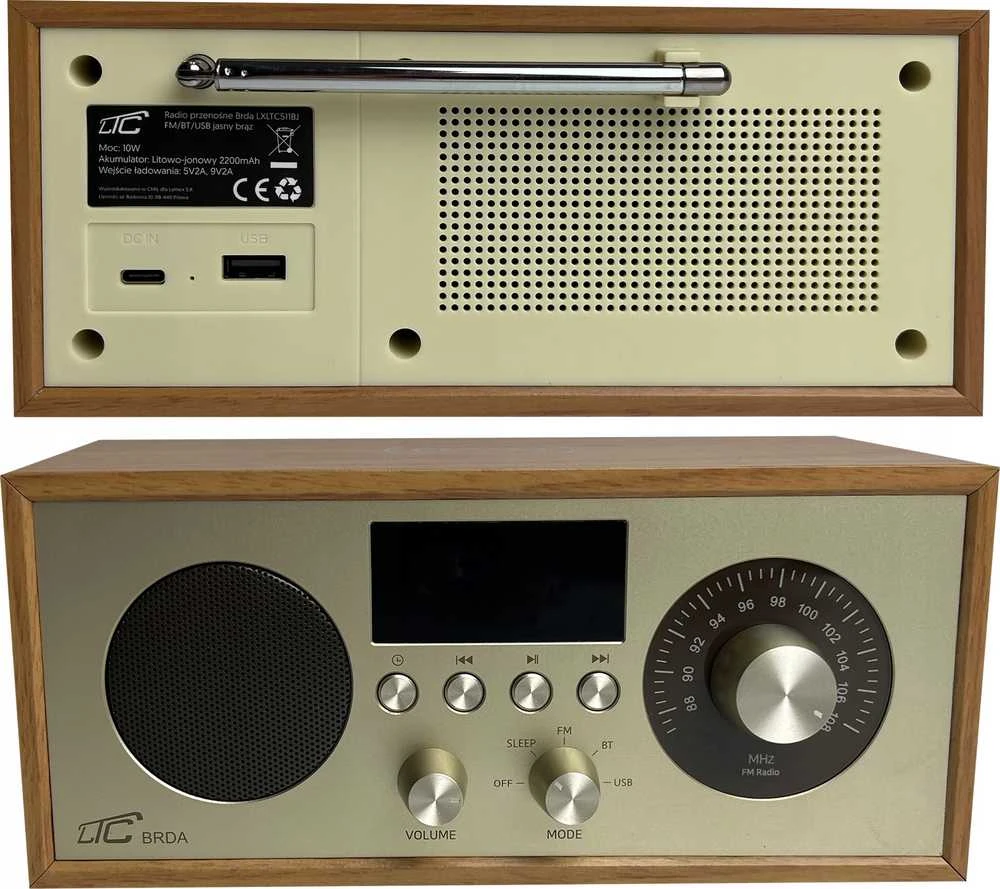 LTC Radio przenośne retro brda fm/bt/usb akum.2200mah,10w,ładowanie indukcyjne telefonu,jasny ruda/auksinė