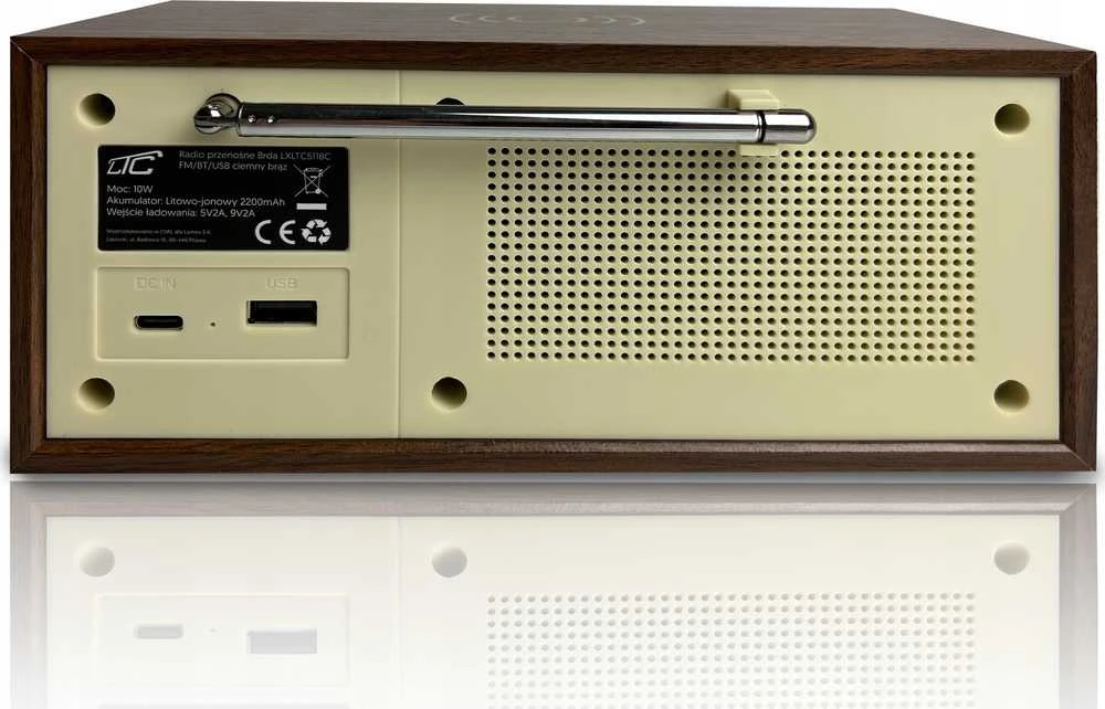 LTC Retro nešiojamas radijas BRDA FM/BT/USB, akum. 2200mAh, 10W, indukcinis telefono įkrovimas, ruda/grafitas