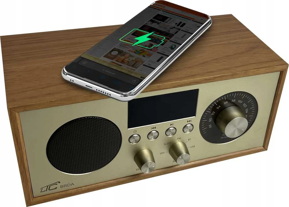 LTC Radio przenośne retro brda fm/bt/usb akum.2200mah,10w,ładowanie indukcyjne telefonu,jasny ruda/auksinė