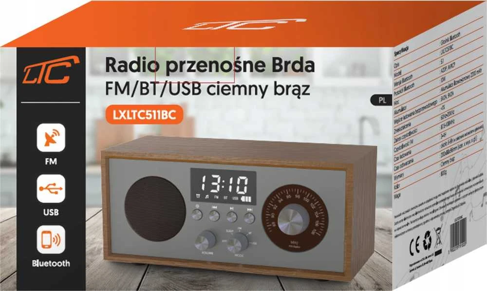 LTC Retro nešiojamas radijas BRDA FM/BT/USB, akum. 2200mAh, 10W, indukcinis telefono įkrovimas, ruda/grafitas