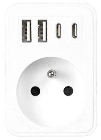 LTC Tinklo skirstytuvas: 1 apvali įvado lizdas + 2x USB + 2x USB-C, Baltas 2x2,4A