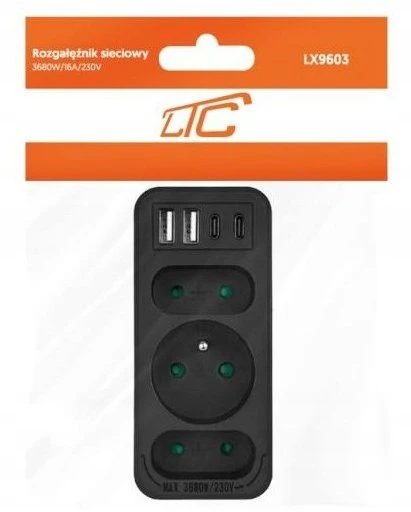 LTC Tinklo skirstytuvas: 1 apvalus lizdas su įžeminimu + 2 plokštieji lizdai + 2x USB + 2x USB-C 3,1A Juodas