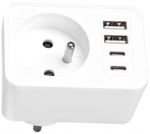 LTC Tinklo skirstytuvas: 1 apvali įvado lizdas + 2x USB + 2x USB-C, Baltas 2x2,4A