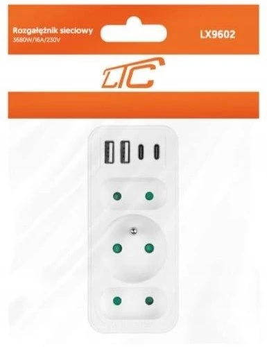 LTC Tinklo skirstytuvas: 1 apvalus lizdas su įž. + 2x plokščias lizdas + 2x USB + 2x USB-C 3,1A Baltas