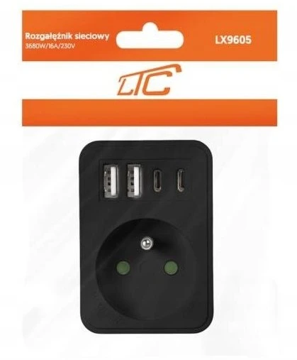 LTC Tinklo šakotuvas: 1 apvalus lizdas su įžeminimu + 2x USB + 2x USB-C, Juodas 2x2,4A