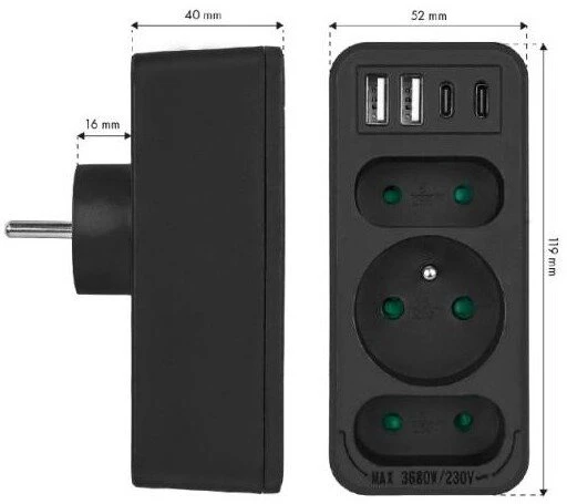 LTC Tinklo skirstytuvas: 1 apvalus lizdas su įžeminimu + 2 plokštieji lizdai + 2x USB + 2x USB-C 3,1A Juodas
