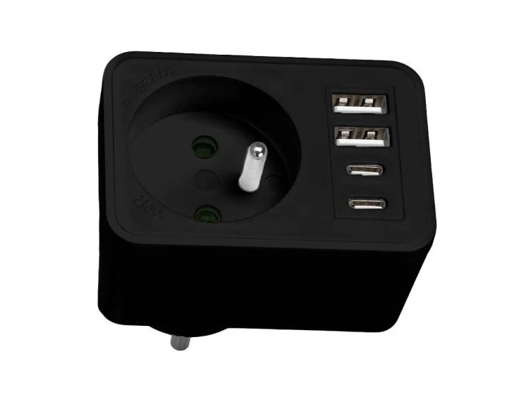 LTC Tinklo šakotuvas: 1 apvalus lizdas su įžeminimu + 2x USB + 2x USB-C, Juodas 2x2,4A