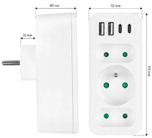 LTC Tinklo skirstytuvas: 1 apvalus lizdas su įž. + 2x plokščias lizdas + 2x USB + 2x USB-C 3,1A Baltas