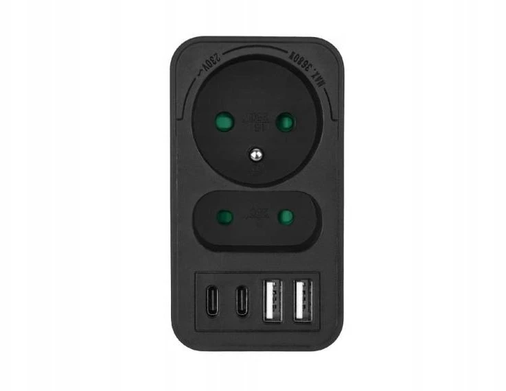 LTC Tinklo skirstytuvas: 1 apvalus lizdas su įž. + 1 plokščias lizdas + 2x USB + 2x USB-C 3,1A juodas