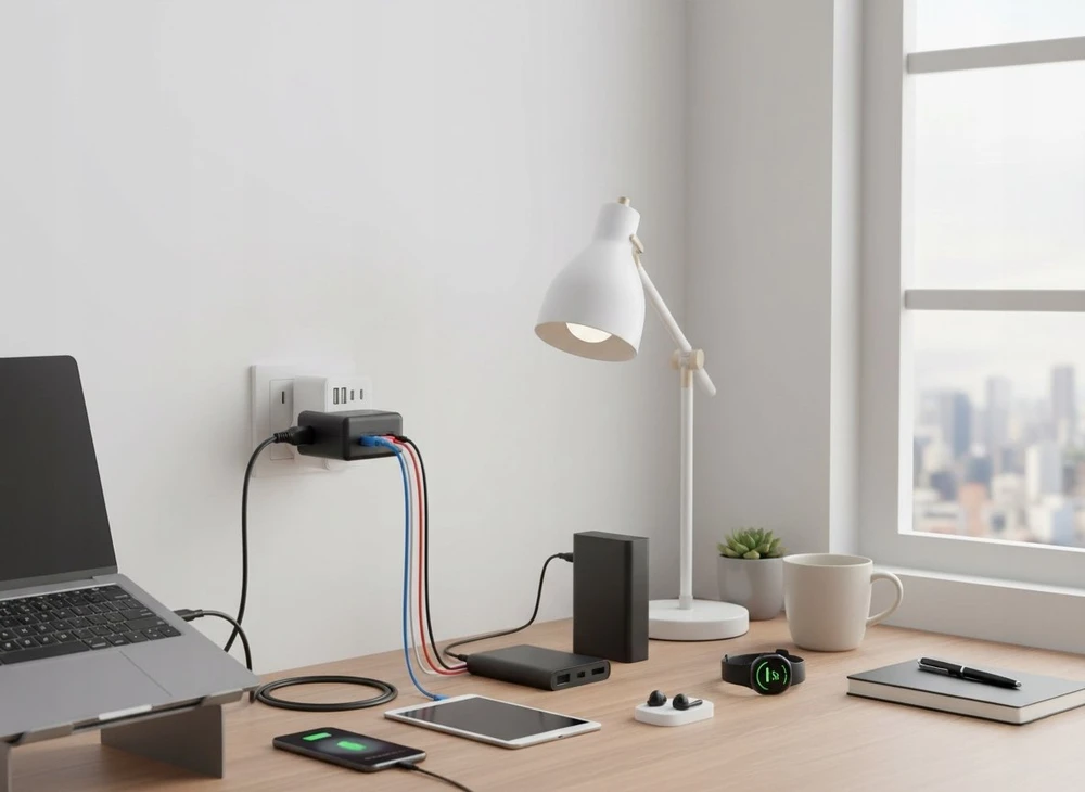 LTC Tinklo skirstytuvas: 1 apvali įvado lizdas + 2x USB + 2x USB-C, Baltas 2x2,4A