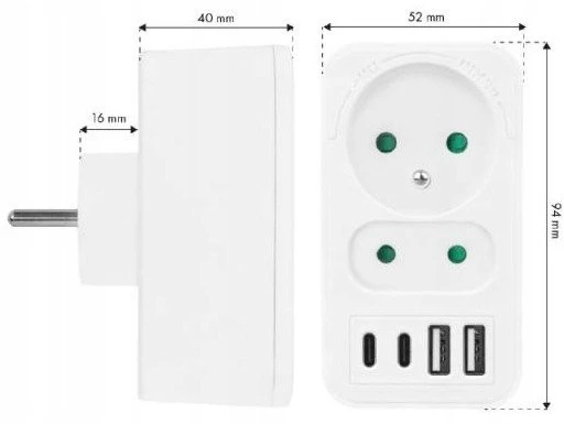 LTC Tinklo skirstytuvas: 1 apvalus lizdas su įž. + 1 plokščias lizdas + 2x USB + 2x USB-C, 3,1A, baltas
