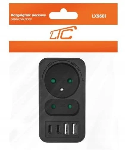 LTC Tinklo skirstytuvas: 1 apvalus lizdas su įž. + 1 plokščias lizdas + 2x USB + 2x USB-C 3,1A juodas