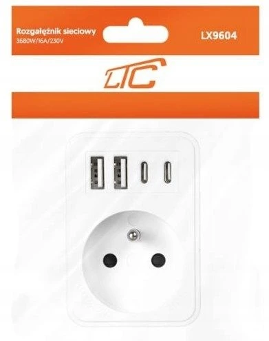 LTC Tinklo skirstytuvas: 1 apvali įvado lizdas + 2x USB + 2x USB-C, Baltas 2x2,4A