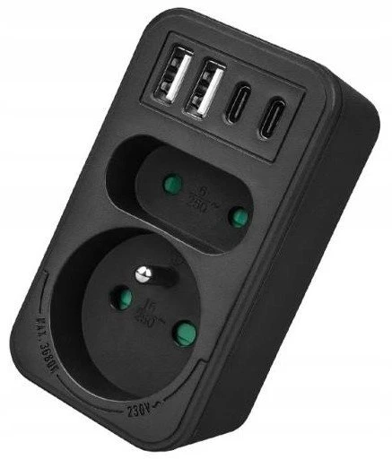 LTC Tinklo skirstytuvas: 1 apvalus lizdas su įž. + 1 plokščias lizdas + 2x USB + 2x USB-C 3,1A juodas