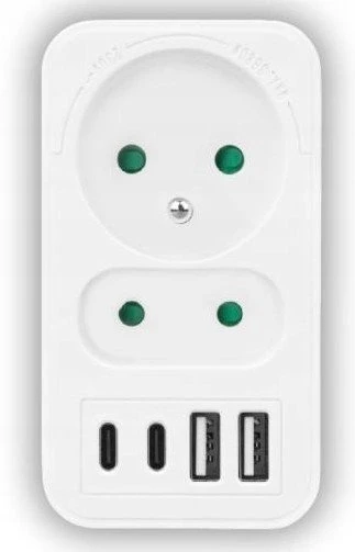 LTC Tinklo skirstytuvas: 1 apvalus lizdas su įž. + 1 plokščias lizdas + 2x USB + 2x USB-C, 3,1A, baltas