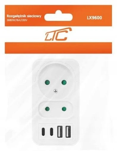LTC Tinklo skirstytuvas: 1 apvalus lizdas su įž. + 1 plokščias lizdas + 2x USB + 2x USB-C, 3,1A, baltas