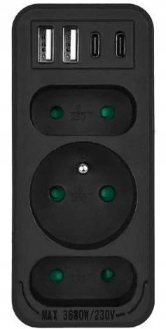 LTC Tinklo skirstytuvas: 1 apvalus lizdas su įžeminimu + 2 plokštieji lizdai + 2x USB + 2x USB-C 3,1A Juodas