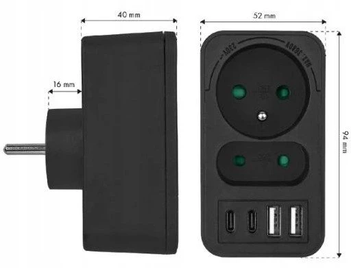 LTC Tinklo skirstytuvas: 1 apvalus lizdas su įž. + 1 plokščias lizdas + 2x USB + 2x USB-C 3,1A juodas