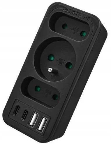 LTC Tinklo skirstytuvas: 1 apvalus lizdas su įžeminimu + 2 plokštieji lizdai + 2x USB + 2x USB-C 3,1A Juodas