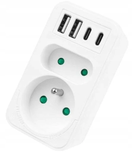 LTC Tinklo skirstytuvas: 1 apvalus lizdas su įž. + 1 plokščias lizdas + 2x USB + 2x USB-C, 3,1A, baltas