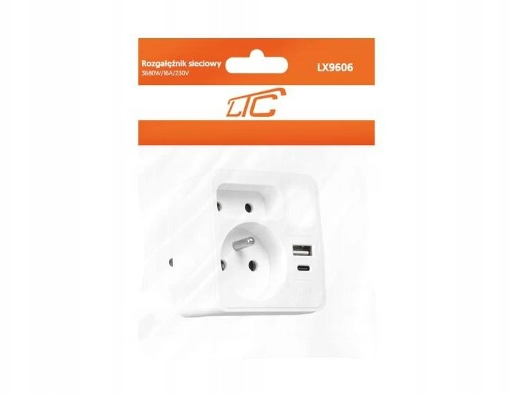 LTC Tinklo skirstytuvas su naktine lempute: 1 apvalus lizdas su įžeminimu + 1 plokščias lizdas + 1x USB + 1x USB-C, Balta 3A