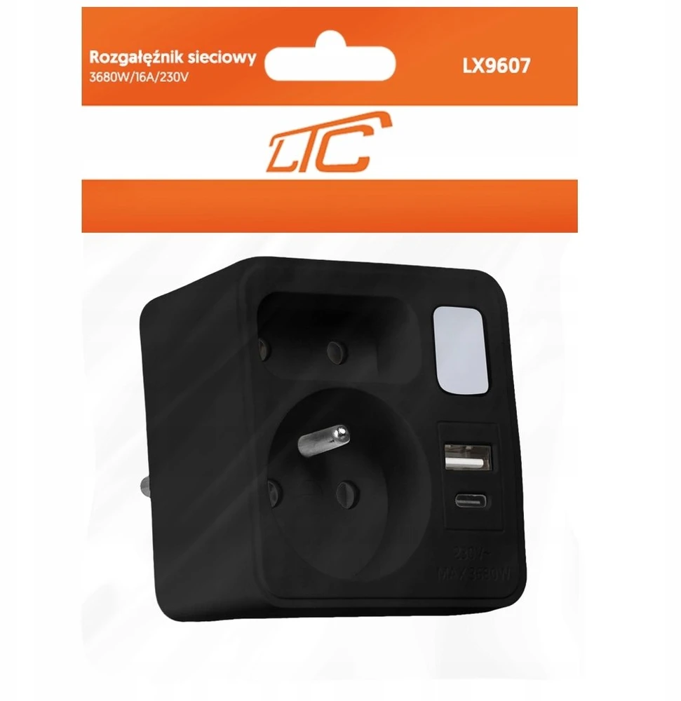 LTC Tinklo skirstytuvas su naktine lempute: 1 apvalus lizdas su įžeminimu + 1 plokščias lizdas + 1x USB + 1x USB-C 3A Juodas