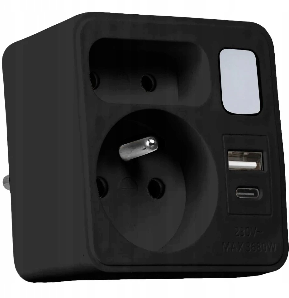 LTC Tinklo skirstytuvas su naktine lempute: 1 apvalus lizdas su įžeminimu + 1 plokščias lizdas + 1x USB + 1x USB-C 3A Juodas