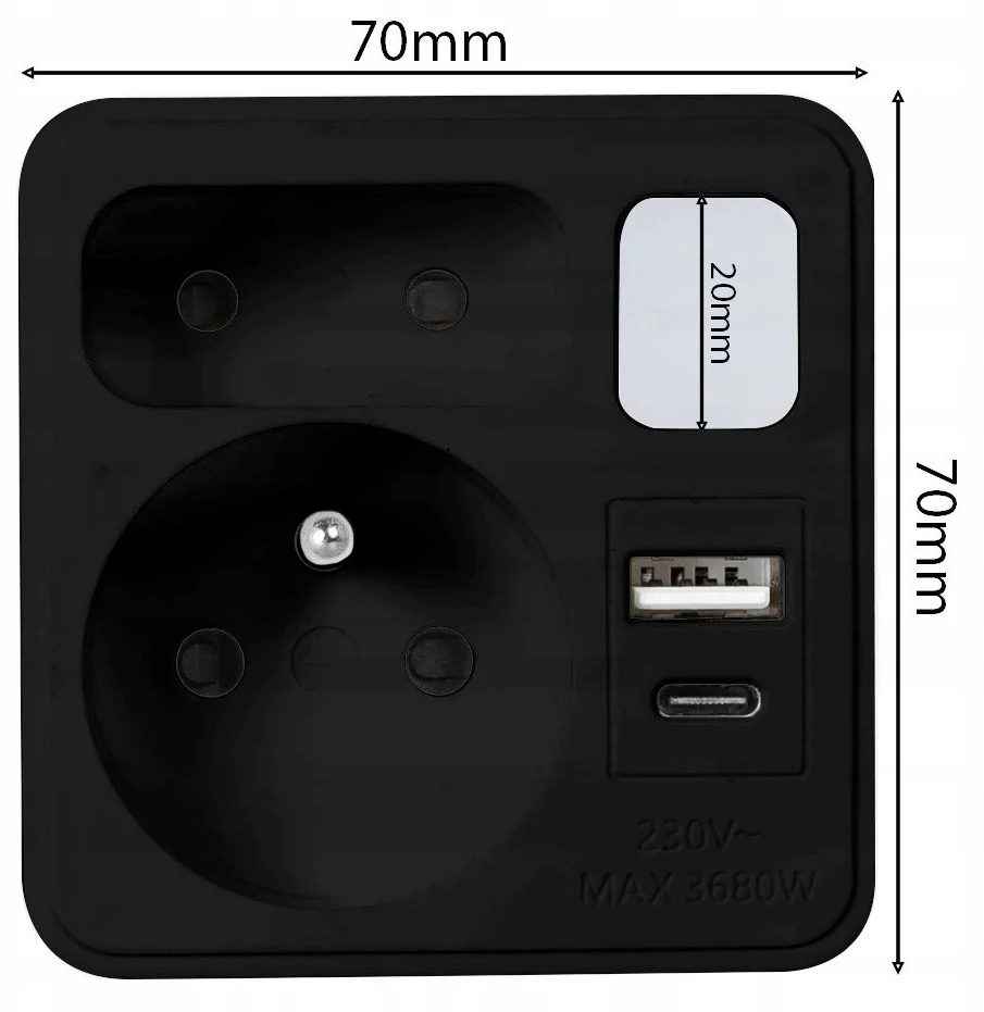 LTC Tinklo skirstytuvas su naktine lempute: 1 apvalus lizdas su įžeminimu + 1 plokščias lizdas + 1x USB + 1x USB-C 3A Juodas
