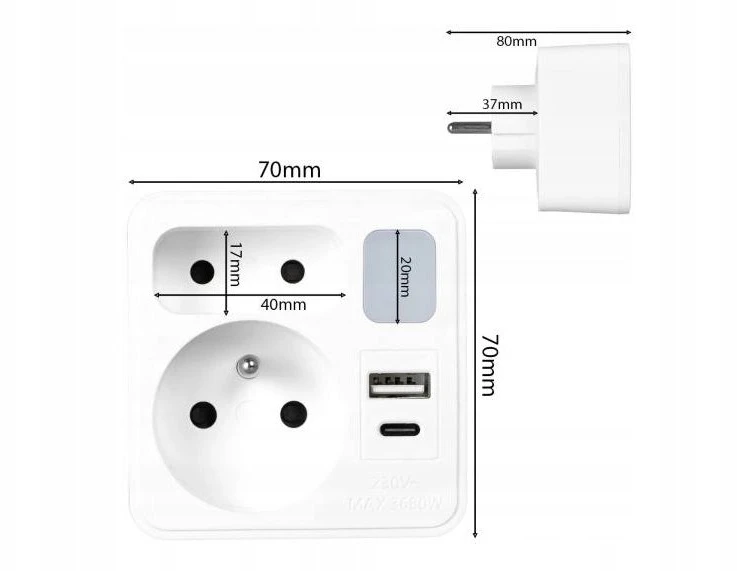 LTC Tinklo skirstytuvas su naktine lempute: 1 apvalus lizdas su įžeminimu + 1 plokščias lizdas + 1x USB + 1x USB-C, Balta 3A