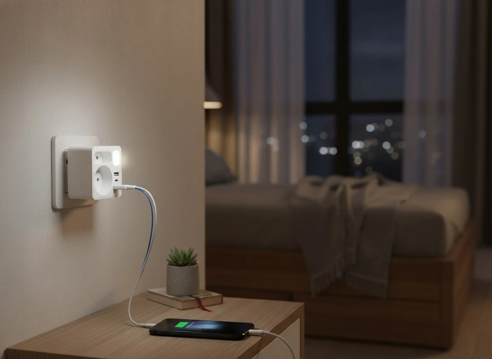 LTC Tinklo skirstytuvas su naktine lempute: 1 apvalus lizdas su įžeminimu + 1 plokščias lizdas + 1x USB + 1x USB-C, Balta 3A